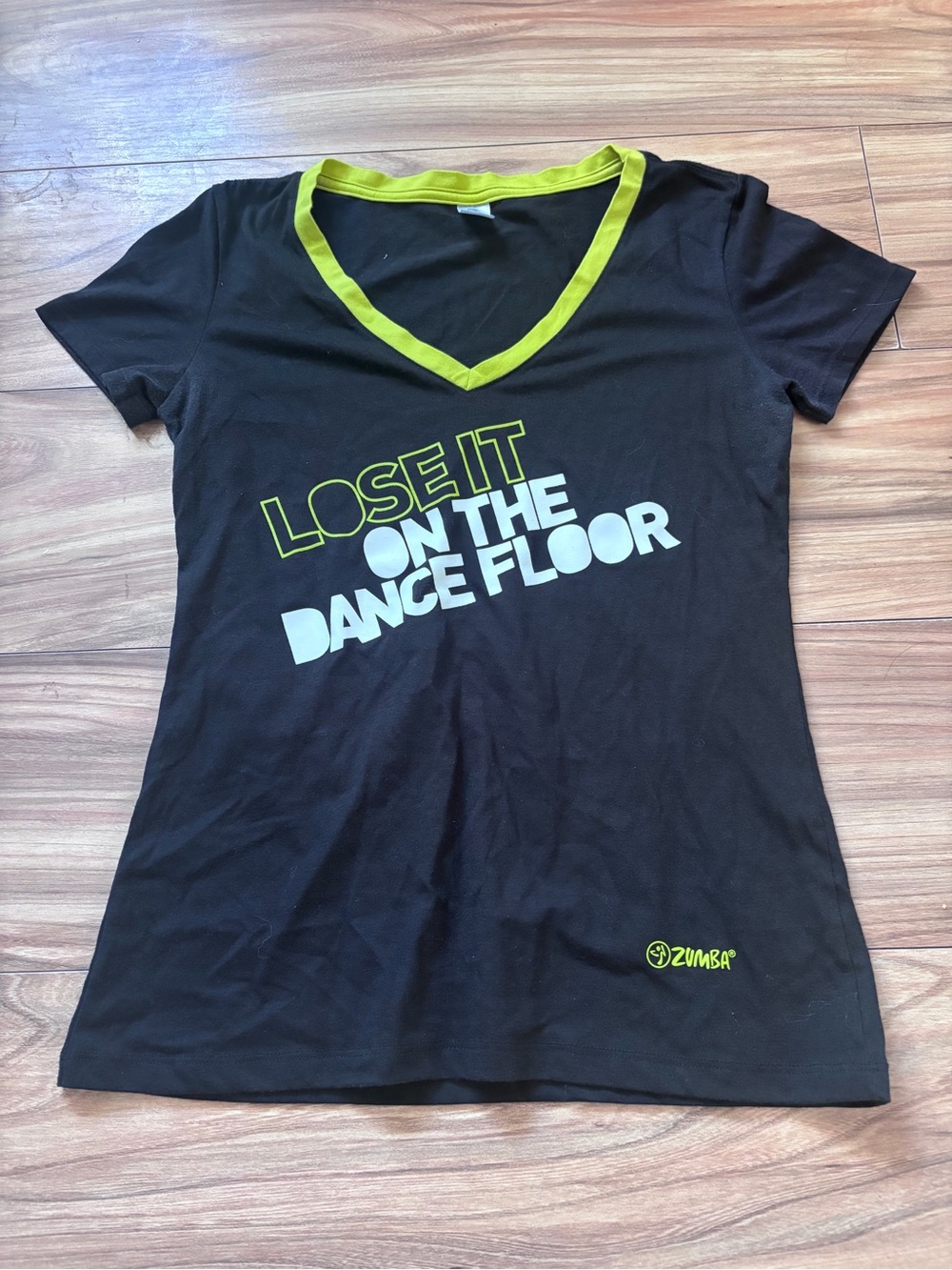 Zumba Fitness Black V‑Neck Tee with Neon Yellow Trim Medium